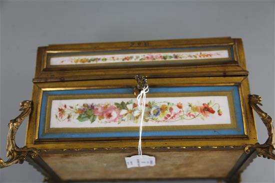 A 19th century French ormolu mounted Sevres style porcelain stationery casket, width 11.5in. height 8in. depth 7in.